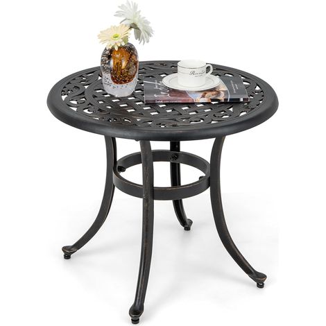 COSTWAY Beistelltisch aus Aluminiumguss, wetterfester Balkontisch mit verstellbaren Fußpolstern, runder Gartentisch für Garten, Hinterhof, Balkon, 60 x 60 x 53 cm (1/5)