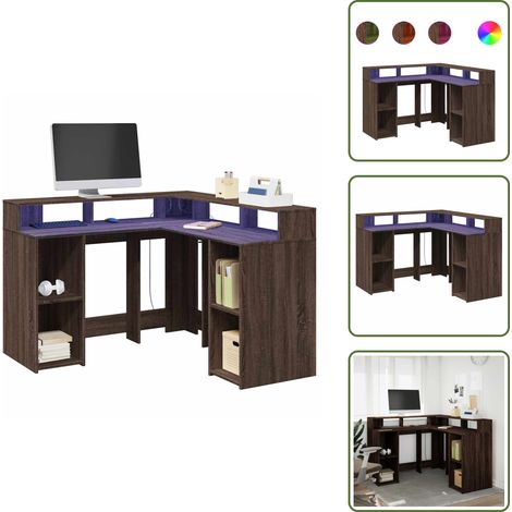 The Living Store Scrivania con Luci LED Marrone Rovere 130x130x91 cm Truciolato - Scrivania in truciolato