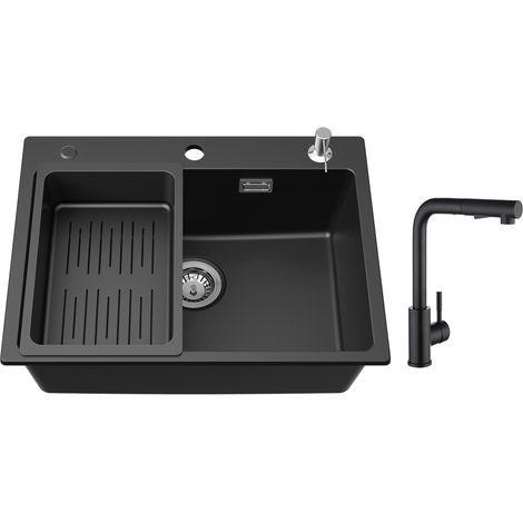 Cecipa Lavello 1 Vasca 60x45 cm con Cestello di Scarico e Dispenser per Sapone + Miscelatore da Cucina con Doccia Estraibile 2 Modalità di Getto (1/5)