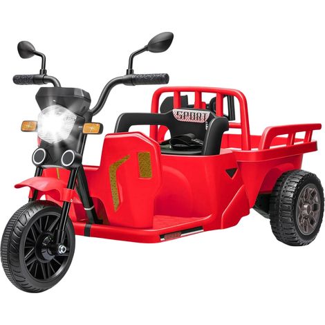 Tricycle électrique enfant 12V type Tuk-Tuk 3 roues - Remorque + benne-pelle - 2 moteurs, Sans fil, LED, klaxon, USB/AUX, ceinture, marche AV/AR - Dès 3 ans - Rougeâtre (1/5)