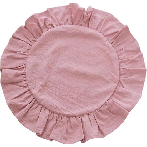 Set de table rustique uni, rond, à bordure à volants, idéal pour le thé de l'après-midi. En coton doux lavé, il offre une décoration rustique pour la table, les repas, la cuisine et les fêtes. (1/5)