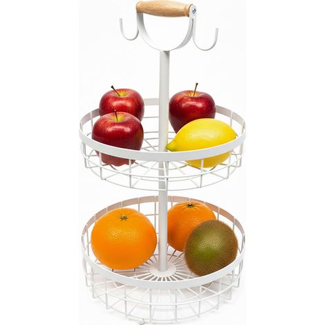 Relaxdays Etagere per frutta a 2 piani, fruttiera da cucina, moderno cestino in metallo, bianco