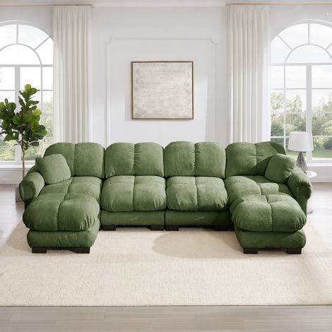 Divano a U 330x149x90 cm, modulare con pouf mobili, cuciture trapuntate, tessuto chenille verde (1/5)