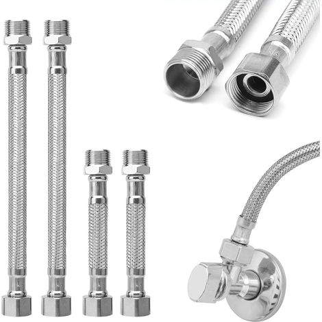 4 Pack 3/8 Flexible Hose, 304 Stainless Steel Armoured, 3/8 Inch, Flexible Hose Extension Water Connection for Faucet, Corner Tap in Toilet, Bathroom and Kitchen (20cm/10cm) (1/5)