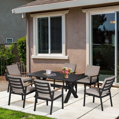 Set di mobili da giardino Outsunny per 6 persone, composto da 6 sedie e 1 tavolo, resistente alle intemperie, dimensioni 175 cm x 92 cm x 73 cm, colore nero e grigio.