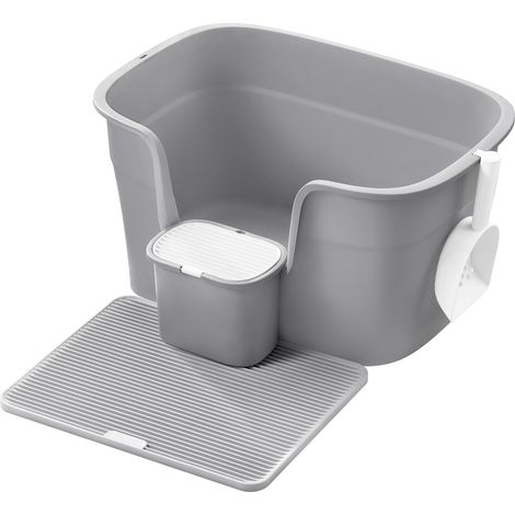 Bac à Litière, Litière Extra Large avec Paroi Latérale, avec Un Tapis de Litière, Boîte de Rangement, Pelle, pour Grand Chat, Gris Tourterelle (1/5)