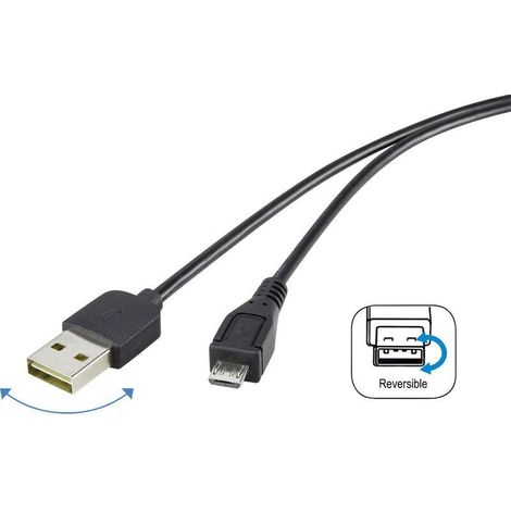 Câble USB USB 2.0 USB-A mâle, USB-Micro-B mâle 1.80 m noir connecteur utilisable des deux cotés, contacts dorés RF-4096110 Y832471 (1/4)