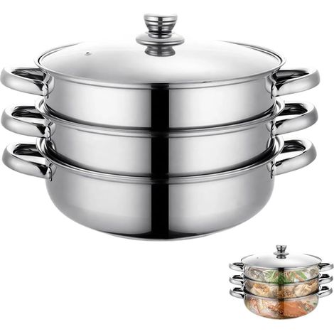 Cuiseur Vapeur en Acier Inoxydable 28 cm - Multicouche avec Insert Vapeur et Couvercle en Verre pour Légumes et Raviolis (1/5)