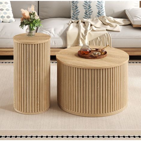 Set di 2 tavolini rotondi in MDF naturale, Ø60 cm e 30 x 56 cm DESVIAE (1/5)