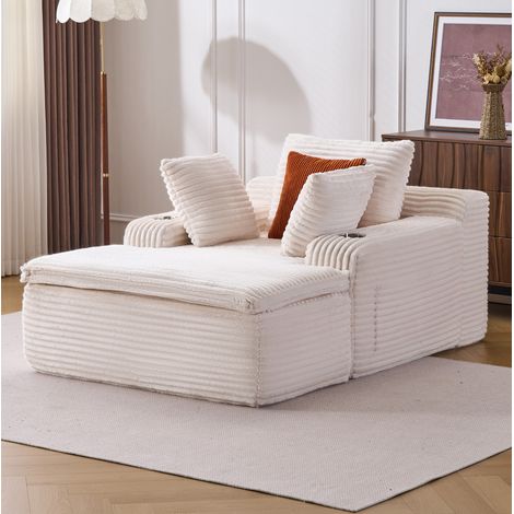 Sofá cama modular (165x112x63 cm), sin montaje, con cojines y almohada 2 en 1, de pana beige (1/5)