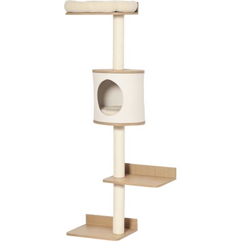 Wandmontierter Katzenbaum – Mehrere Holzplattformen – Höhle, oberer Schlafbereich – Abnehmbares Kissen – Sisal-Kratzstämme – 38 x 30 x 149 cm – Beige und Eiche