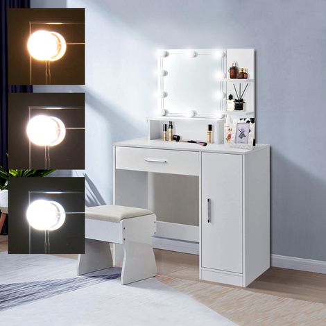 ML-Design Schminktisch Weiß, Frisiertisch mit LED-Beleuchtung, Spiegel, 1 Schublade, 3 Fächer & Schrank, 90x38x137 cm, Kosmetiktisch für Damen und Mädchen, Frisierkommode aus MDF Holz, Make-up Tisch (1/5)
