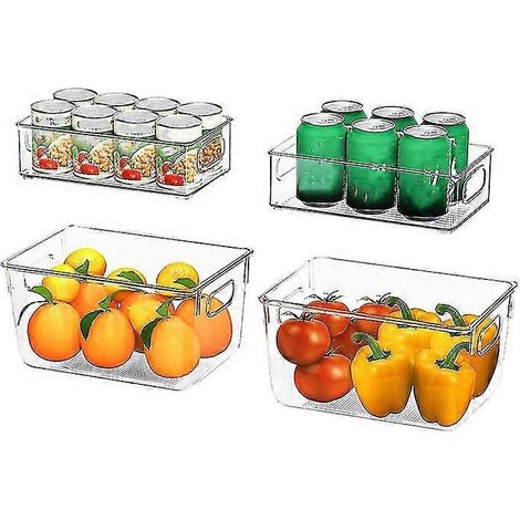 Lot de 4 boîtes de rangement transparentes pour garde-manger et réfrigérateur, avec poignées, pour réfrigérateur, congélateur et placard. (1/5)