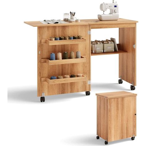 Armoire à Couture et Bureau Pliable en Bois Naturel avec 3 étagères pour bobines, Table de Couture pour Salon et Chambre à Coucher avec roulettes verrouillables (1/5)