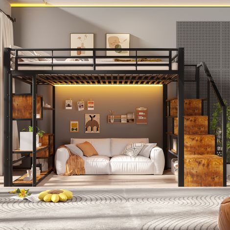 Lit mezzanine 140x200 cm avec escalier de rangement, LED, étagères et espace libre dessous, barrière de sécurité, MDF et métal, noir (1/5)