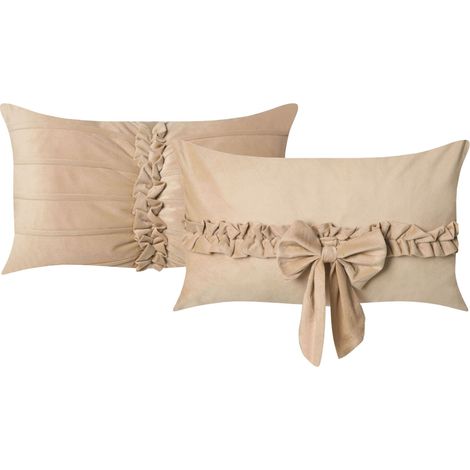 Lot de 2 Coussins Décoratifs en Velours 50 x 30 cm Motif Nœud Beige Belle