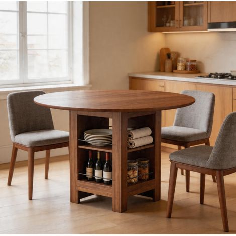 Mesa de comedor redonda con compartimentos, Ø 100 cm, efecto nogal, 4-6 personas HAVRYA (1/5)