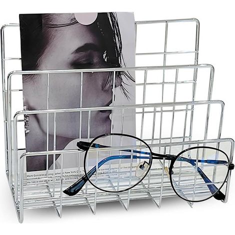 Organizzatore da scrivania in metallo color argento, vassoio portadocumenti con 4 scomparti, portadocumenti minimalista in ferro, organizer multifunzionale per libri. (1/4)