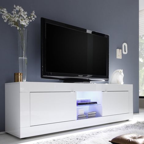 TV-Schrank Massaia, ein Regal, Grifföffnung Made in Italy, 4 Fächer, 180x43x56h cm Weiß Hochglanz (1/5)