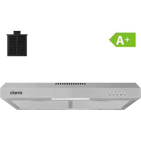 Ciarra – Hotte casquette 60cm 220m3/h 3 vitesses – Évacuation ou recyclage – Filtre au charbon inclus – Pour cuisine moderne