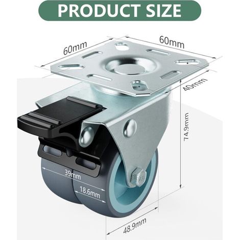ruedas giratorias para muebles, ruedas dobles de alta resistencia con freno + tornillos - 50 mm hasta 160 kg - Rueda de goma para carrito (1/3)
