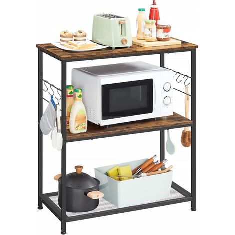 Vasagle – Desserte de cuisine 80 x 40 x 90 cm – Étagère avec 3 étagères ouvertes et 6 crochets – Acier et panneau d’aggloméré – Style industriel marron