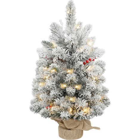 Albero di Natale artificiale miniatura da 60 cm con 35 luci LED, 72 rami fitti decorati con neve e base in tela di iuta verde (1/5)