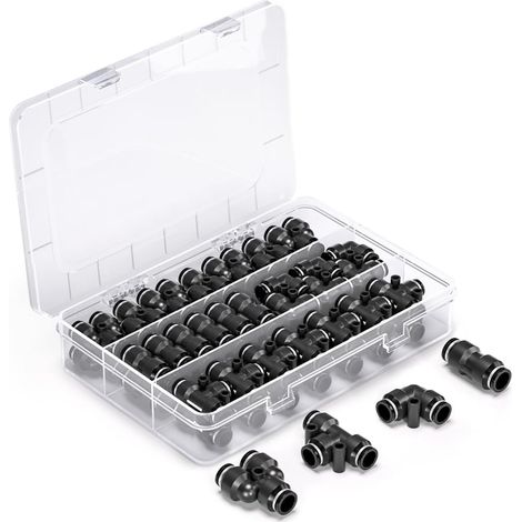 60 pièces 8mm noir Push - in raccord pneumatique Kit, 15 têtes directes, 15 Shunts, 15 coudes, 15 tee raccords pneumatiques à dégagement rapide (1/5)