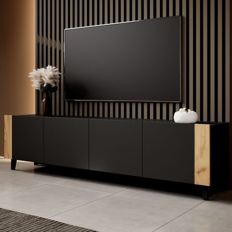Meuble TV design noir mat + bois 200 cm Tempo (1/3)