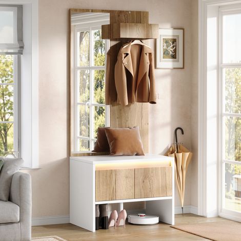 Vestiaire d'entrée LED avec miroir, 2 tiroirs, banc à chaussures et porte-manteau, 60x38x145 cm, blanc et naturel (1/5)