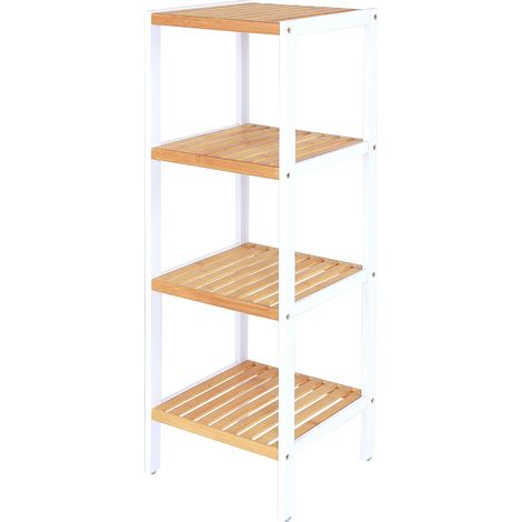 dibea Badezimmerregal mit 4 Ablageflächen, Wohnzimmerregal, Standregal, Bambusregal, Badregal, Bücherregal, Eckregal, Küchenregal, 33 x 33 x 98 cm (naturfarben / weiß)
