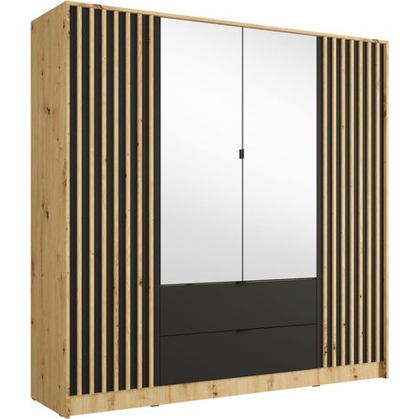 Armoire TORVIK 4 portes avec miroirs, tiroirs et tasseaux chêne et noir 200 cm
