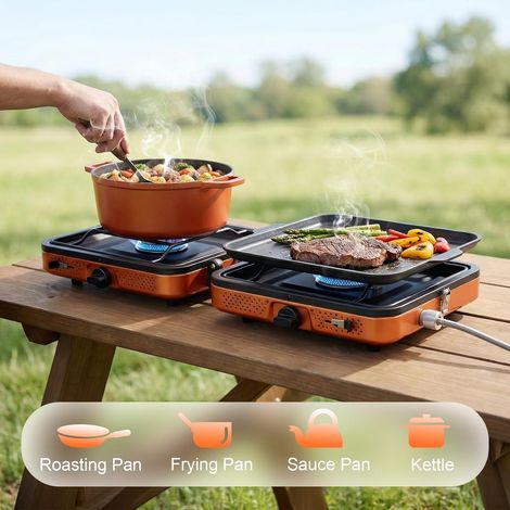 Réchaud de Camping Portable 2 Brûleurs 4400W, Cuisinière à Gaz Puissante pour Cuisson en Extérieur, Réchaud Pliable avec Allumage pour Randonnée Pique-nique Voyage (1/5)