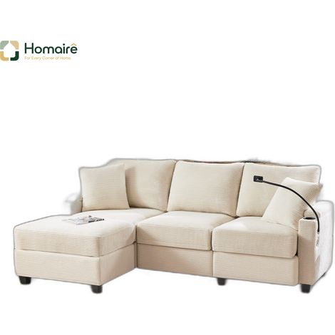 Canapé en velours côtelé beige avec rangement, port USB et accoudoirs 213,5 x 139 x 87 cm HOMAIRE (1/5)