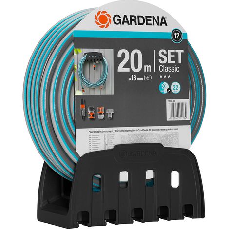 Kit Tubo da Giardino Gardena Classic con Tubo di 20 m e 13 mm, Supporto per Parete e Ugello Regolabile (1/2)