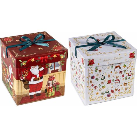 Scatole di Natale quadrate in carta con coperchio e fiocco in raso. Ideali per confezionare dolci, panettoni, torroni, set da 12 pezzi