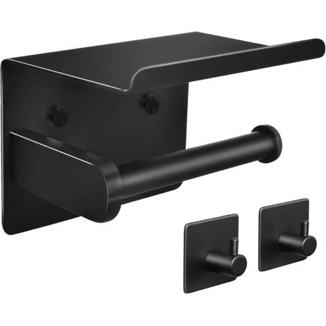 Porte Papier Toilette, Porte Rouleau de Papier Toilette avec Etagère de Téléphone, Acier INOX 304, sans Perçage Support Mural pour Salle de Bain (Noir) (1/5)