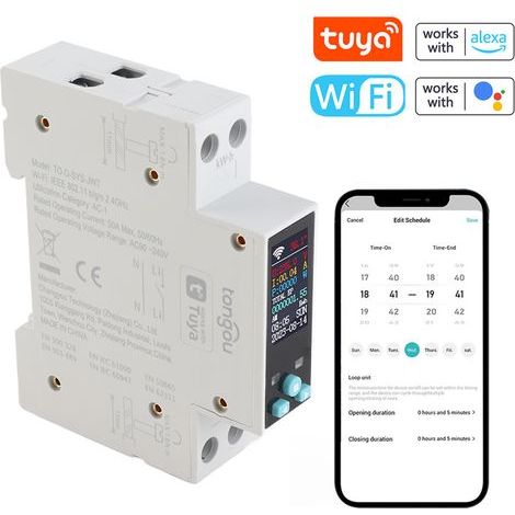 Interruttore WiFi intelligente con contatore - per guida DIN da 35 mm, misurazione dell'energia kWh, timer, prepagato - controllo tramite app Tuya (1/5)
