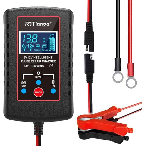 2Amp Chargeur de Batterie de Voiture Intelligent 6V et 12V Automatique 3 Modes Chargeur Batterie Mainteneur pour Tondeuse à Gazon, Moto, Voiture, Batterie au Plomb - Acide Marine (1/5)