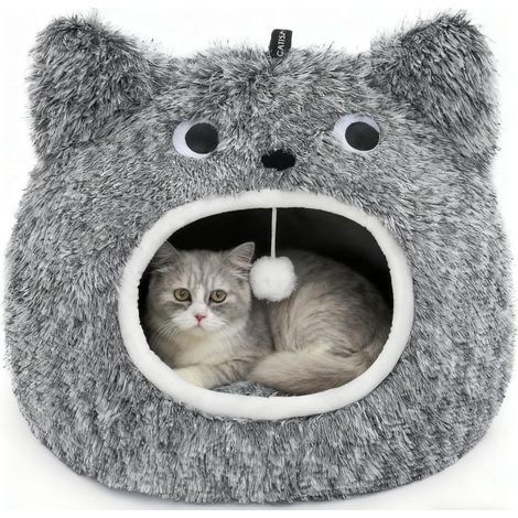 1 - Niche pour chat - Lit pour animal - Design grotte 2 en 1 - Coussin moelleux antidérapant - Intérieur salon - Gris - 50x40x35cm (1/5)