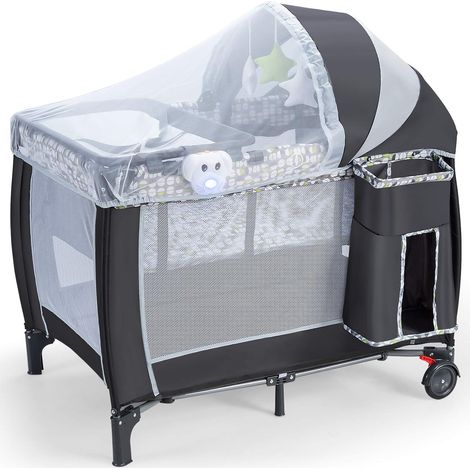COSTWAY Cuna de Viaje Plegable para Bebé Cambiador y Parque Infantil con Mosquitera Ajustable y Extraíble con Colchón Caja de Música Juguetes y Bolsa de Transporte