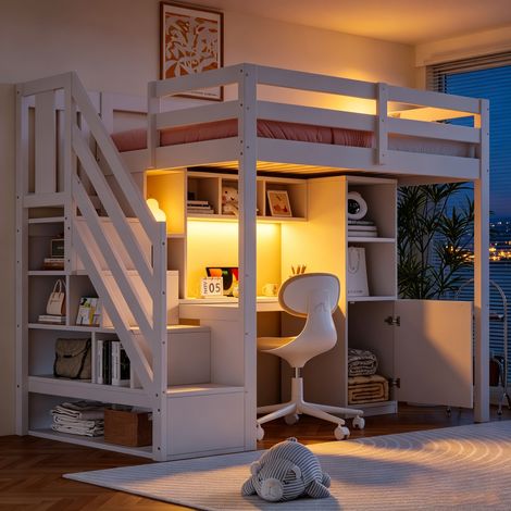 Lit mezzanine en bois 90x200 cm pour enfant, lit avec escalier de rangement, bureau, étagères, éclairage LED, prises standard EU et garde-corps de sécurité élevés, structure en bois, couleur blanche (1/5)