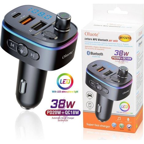 TRADE SHOP - Trasmettitore Fm Bluetooth Per Auto 2 Porte Usb Led Tf Pd 38w Lettore Mp3 My2418 -