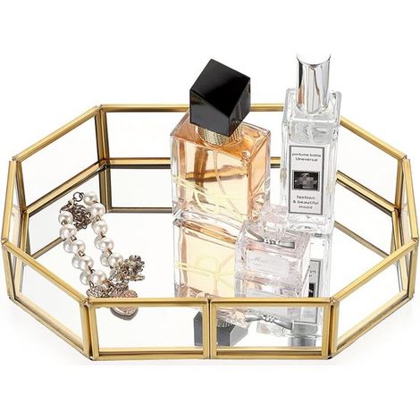 Scatola portaoggetti, cassetto portagioie, organizer con specchio per camera da letto, bagno, toeletta e altro ancora, ottagonale trasparente (1/5)