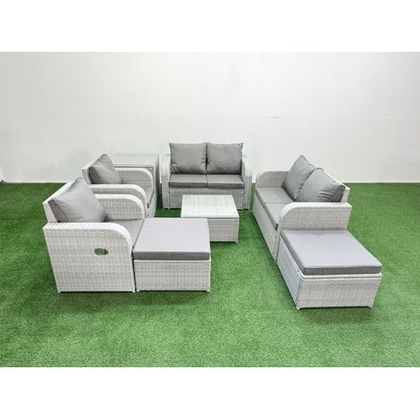 Fimous 8 Seater Outdoor Reclining Chair Love Sofa Set Rattan Garden Furniture Set with Square Coffee Table 2 Big FootStools Side Table Light Grey (1/4)