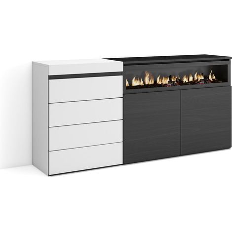 Skraut Home - Cómoda, Cajonera, Mueble Auxiliar, 157x75x35 cm, Dormitorio, habitación, Chimenea eléctrica, Estilo Moderno, Blanco y negro (1/5)