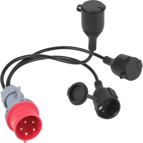 Adaptateur Cee 400V 16A 5 Broches Vers 3 Prises Schuko 230V - Distributeur électrique Industriel - Cable En Caoutchouc Rouge Et Noir - Lot De 1 (1/5)