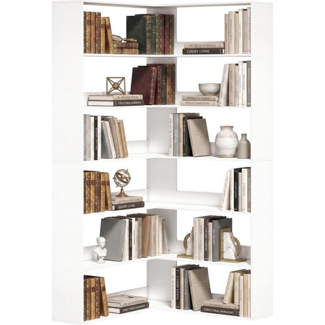 Bibliothèque à 7 étagères, étagère d'angle en L avec dos antidérapant, blanche aspect bois (1/5)