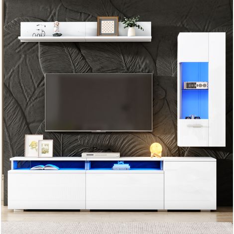 meuble tv rangement salon blanc LED 80 pouces MDF verre OKMYHOME (1/5)