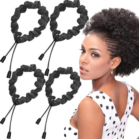 Gomas para el cabello de satén negro, suaves y ajustables, ideales para cabello grueso y rizado (paquete de 4). (1/5)